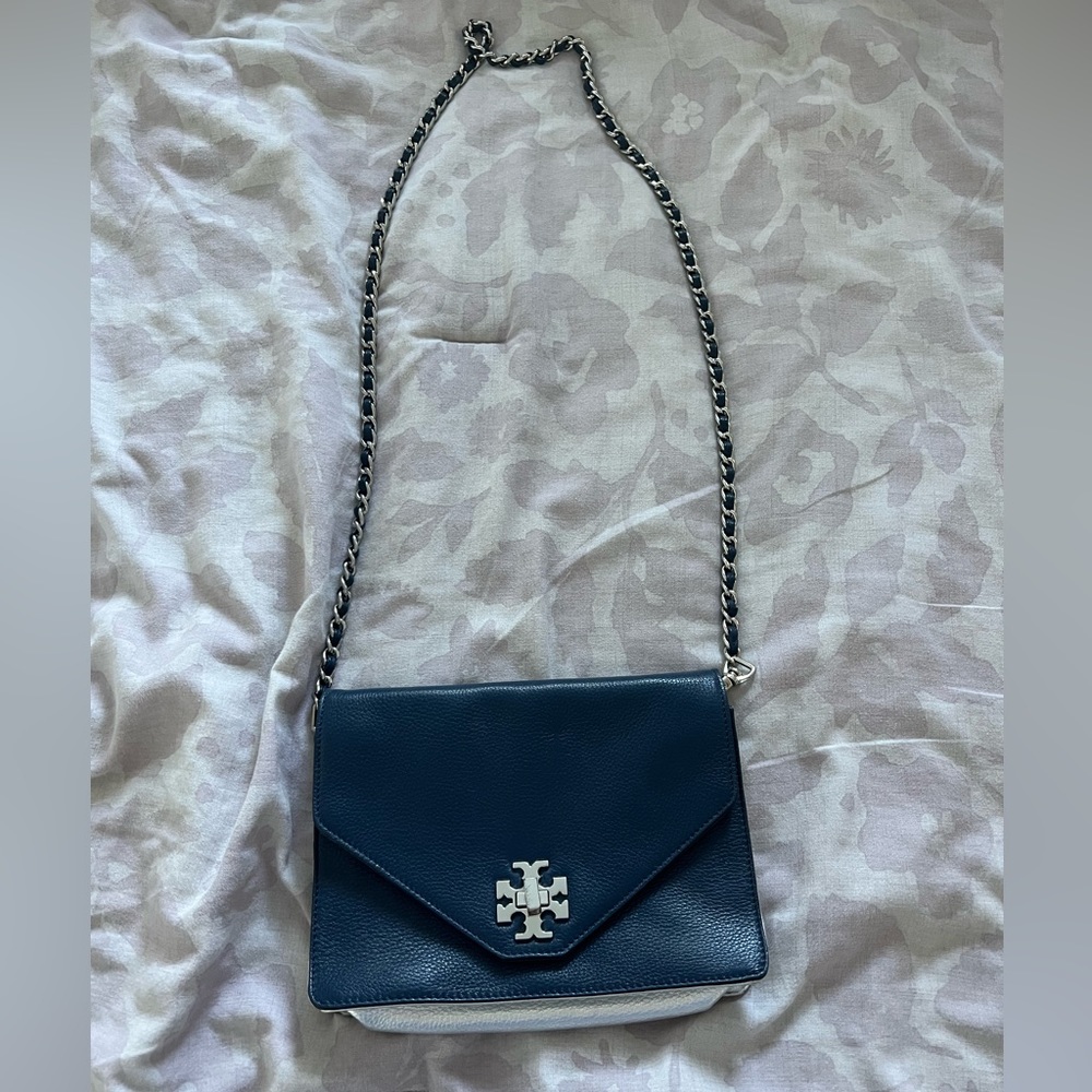 Tory Burch Kira envelope crossbody blue and silver leather